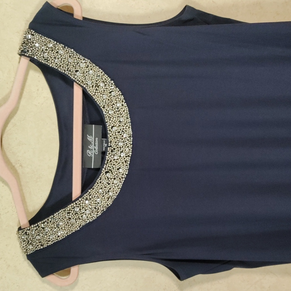 04116 R & M Collection navy knit dress w/bead and rhinestone neckline 14